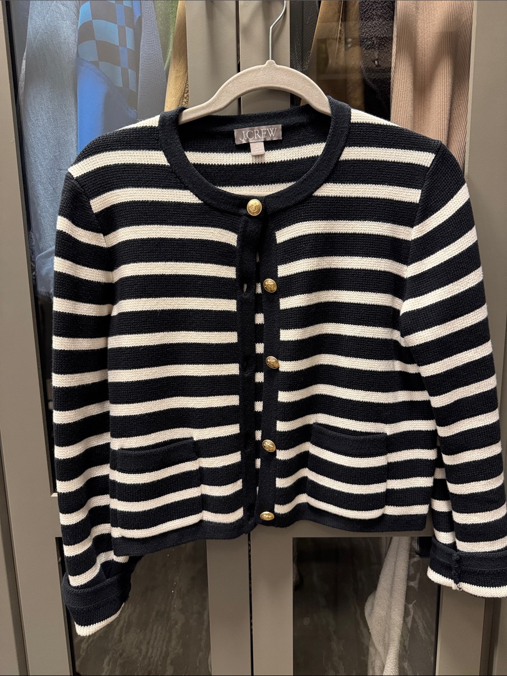 J. Crew black  and White Striped Button Cardigan with Gold Buttons
